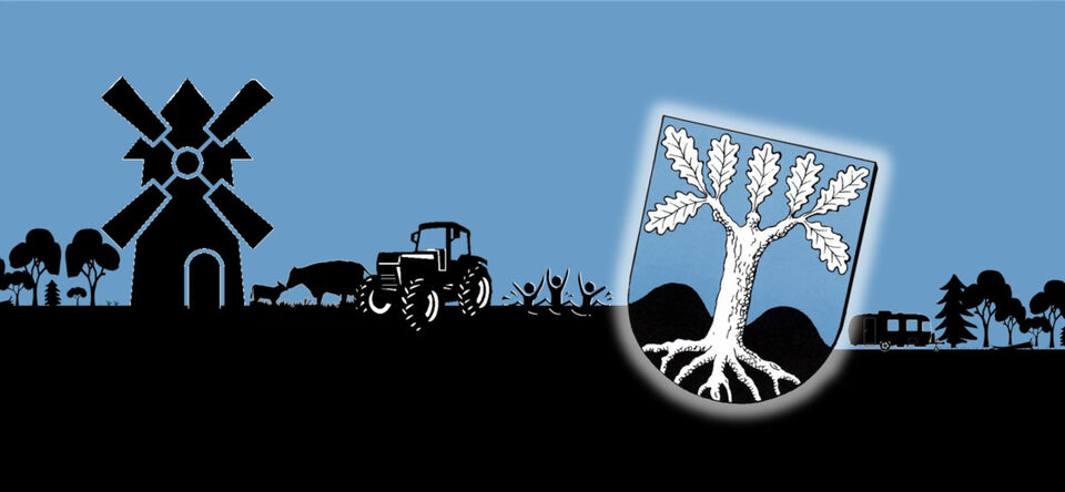 Silhouette von Nöpke mit Mühle, Traktor und Wappen